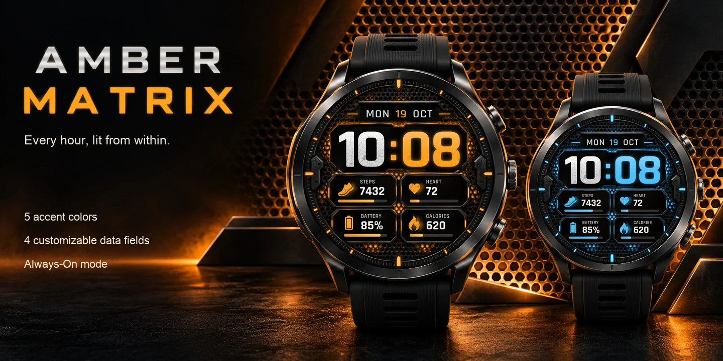 Amber Matrix sur des montres de plusieurs couleurs d’accent, grille en nid d’abeille rétroéclairée avec une grande heure texturée et quatre champs de données