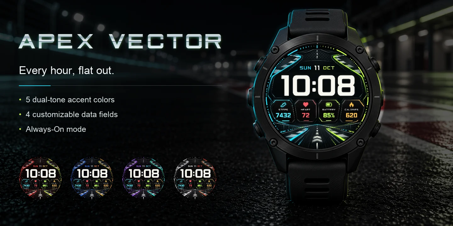 Apex Vector sur une montre, pit lane de nuit