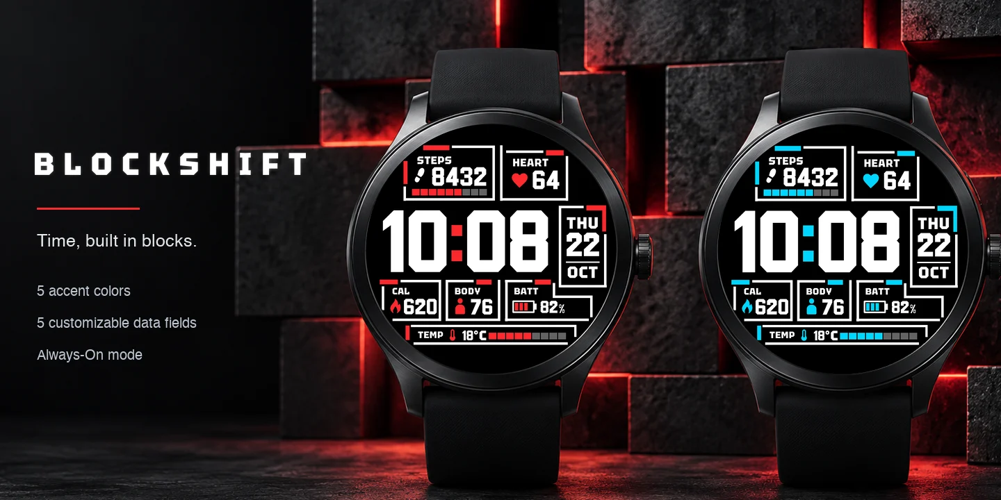 Blockshift on watches in several accent colors, white bracket frames with a huge block-digit time and data boxes