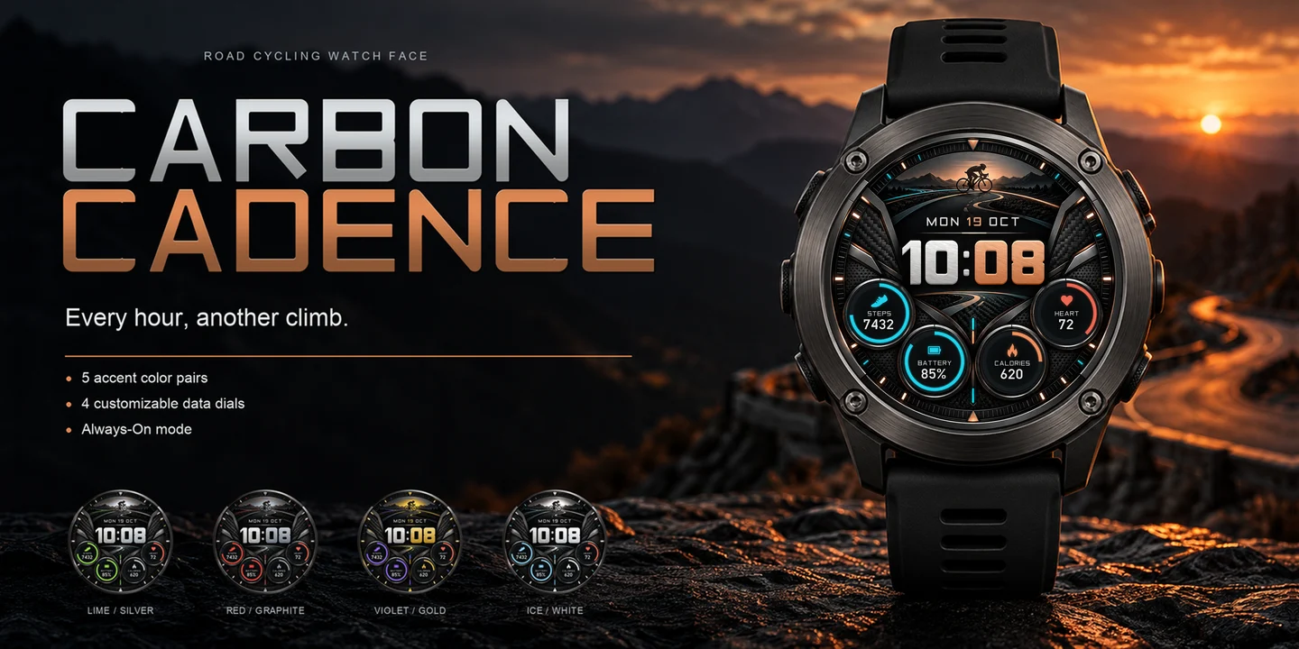 Carbon Cadence on a watch, mountain road at sunset