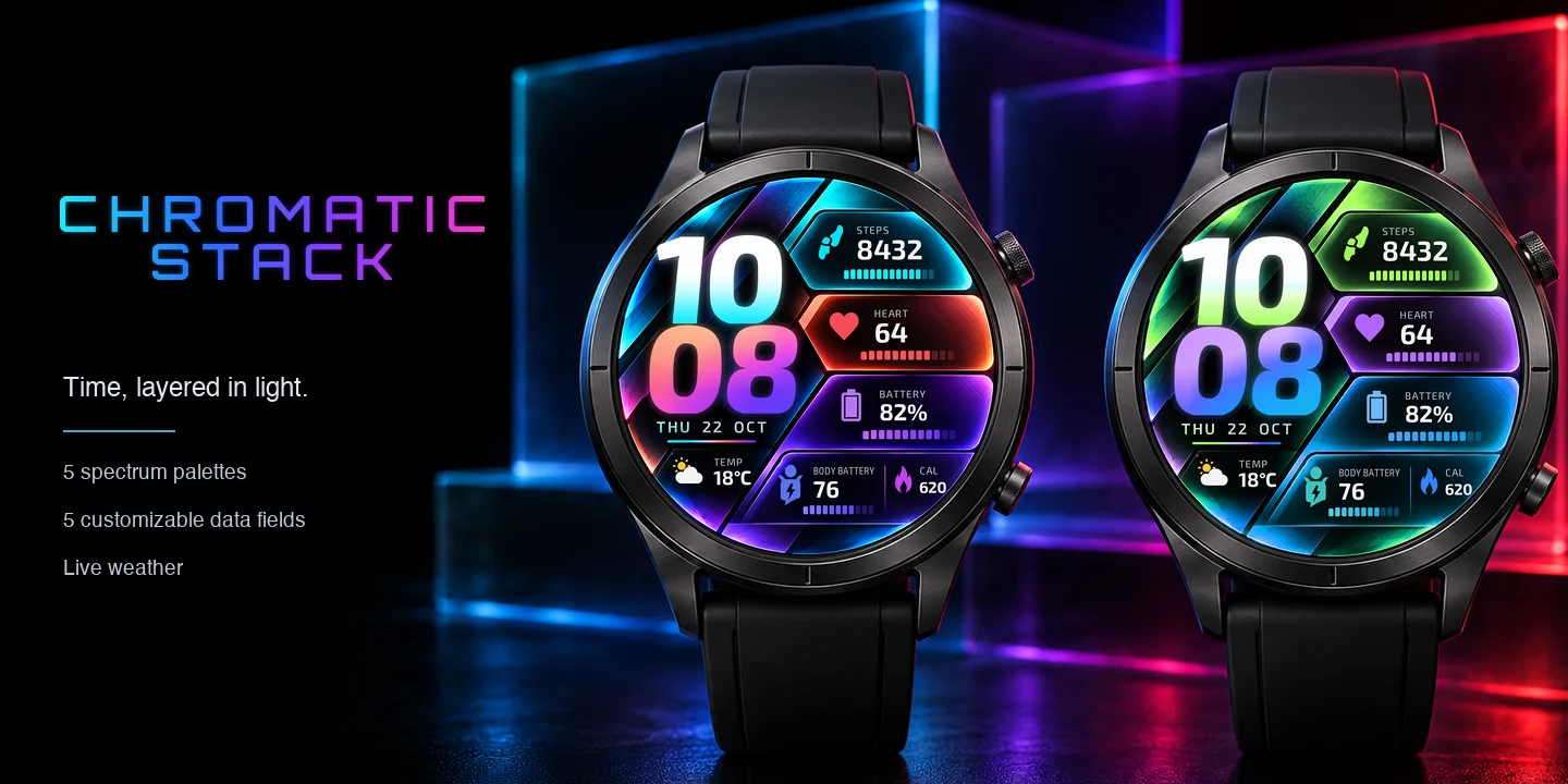 Chromatic Stack on watches in two spectrum palettes, stacked glowing panels with a big italic time