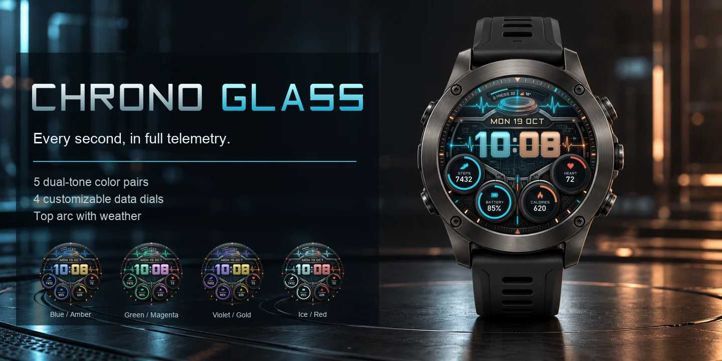 Chrono Glass on a watch, glass HUD in cyan and copper light