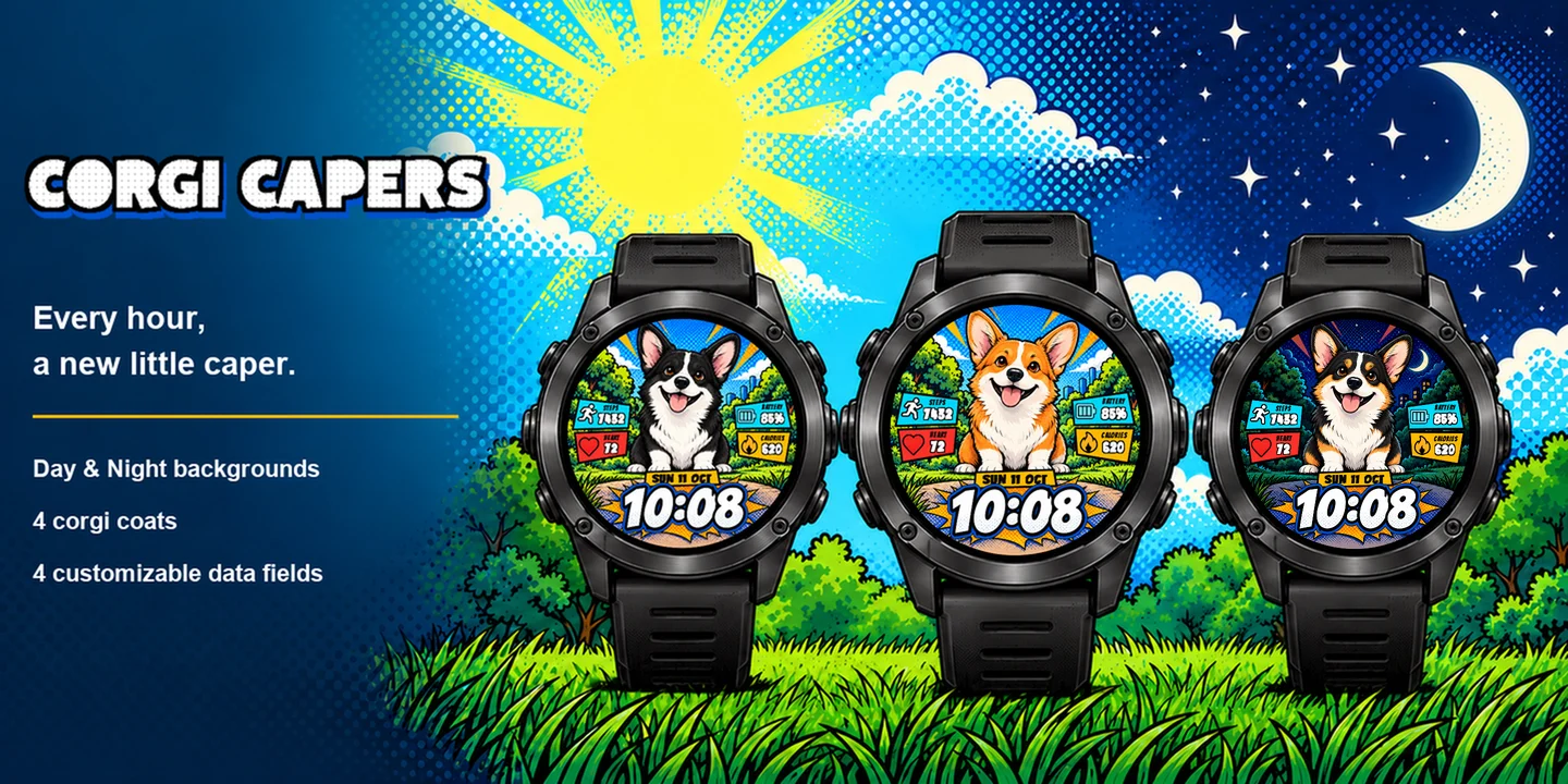 Corgi Capers sur trois montres : Noir Jour, Roux Jour et Tricolore Nuit