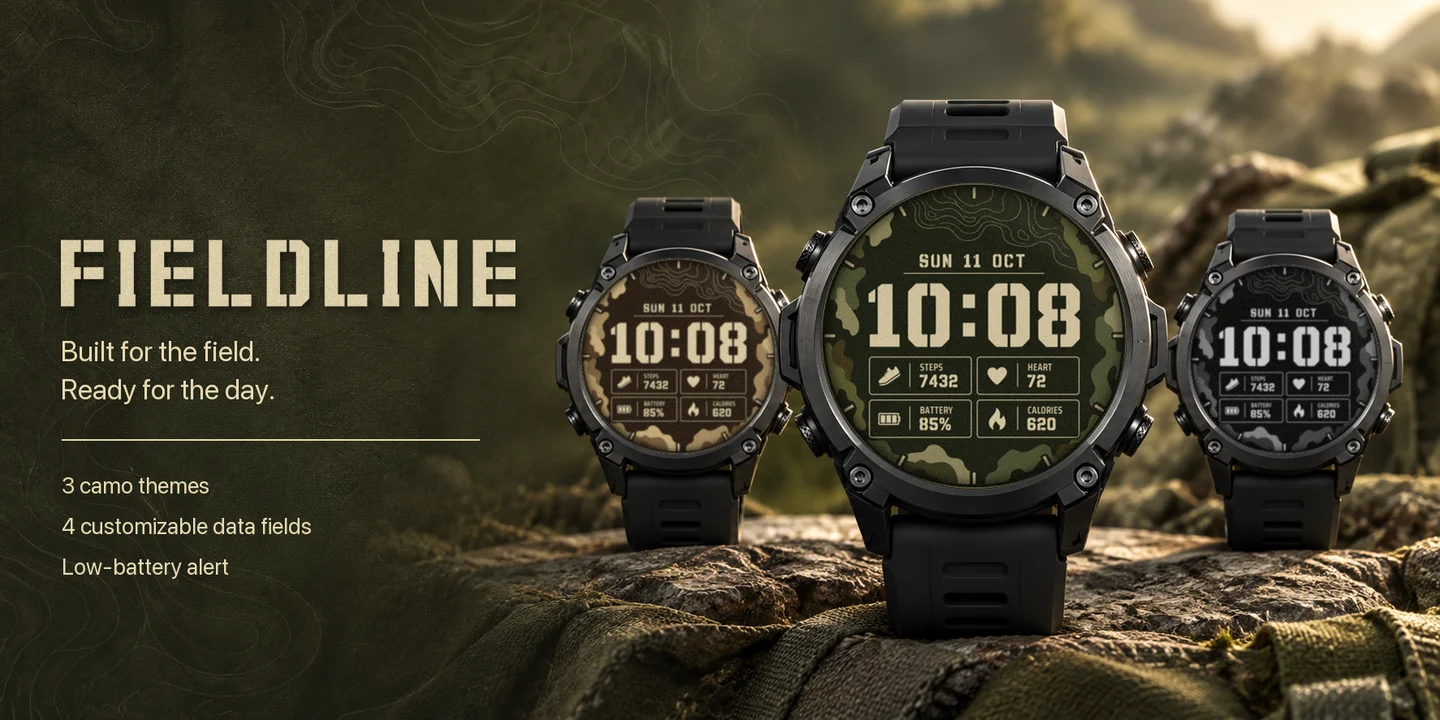 FieldLine on three watches, Green, Desert and Black
