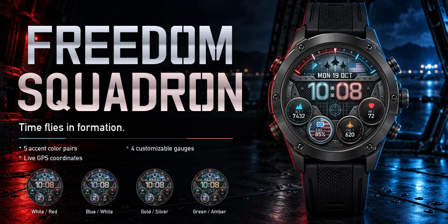 Freedom Squadron on a watch, three jets in formation over carbon fiber in red and cyan light