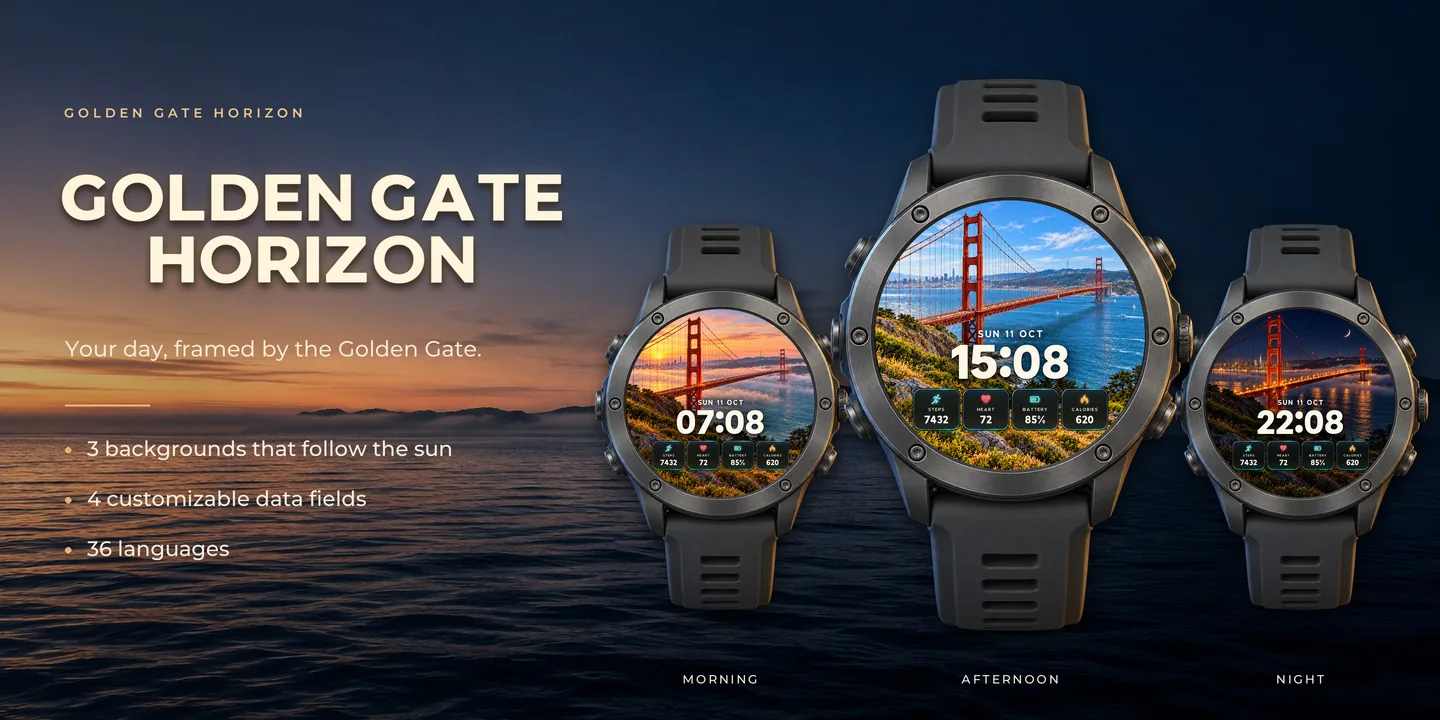 Golden Gate Horizon on three watches: Morning, Afternoon and Night