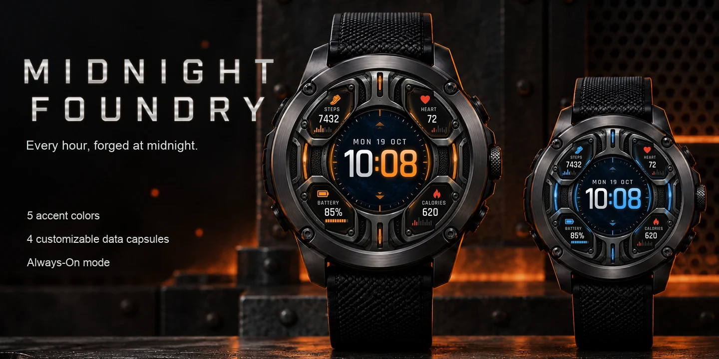 Midnight Foundry sur deux montres, acier brossé avec fentes lumineuses ambre et bleues et quatre capsules de données
