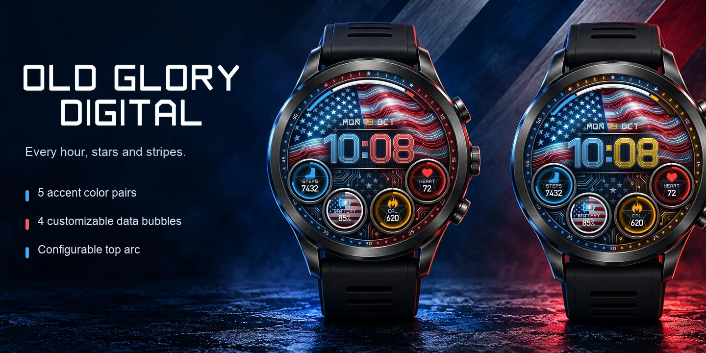 Old Glory Digital sur deux montres, un drapeau américain numérique lumineux au-dessus de l'heure en bleu et rouge