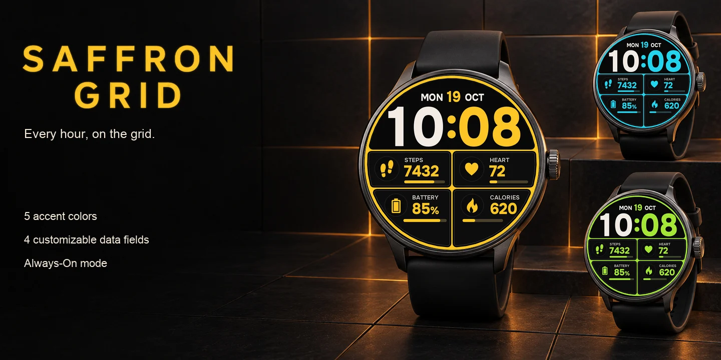 Saffron Grid sur des montres de plusieurs couleurs d'accent, anneau et grille safran avec une grande heure et quatre tuiles de données