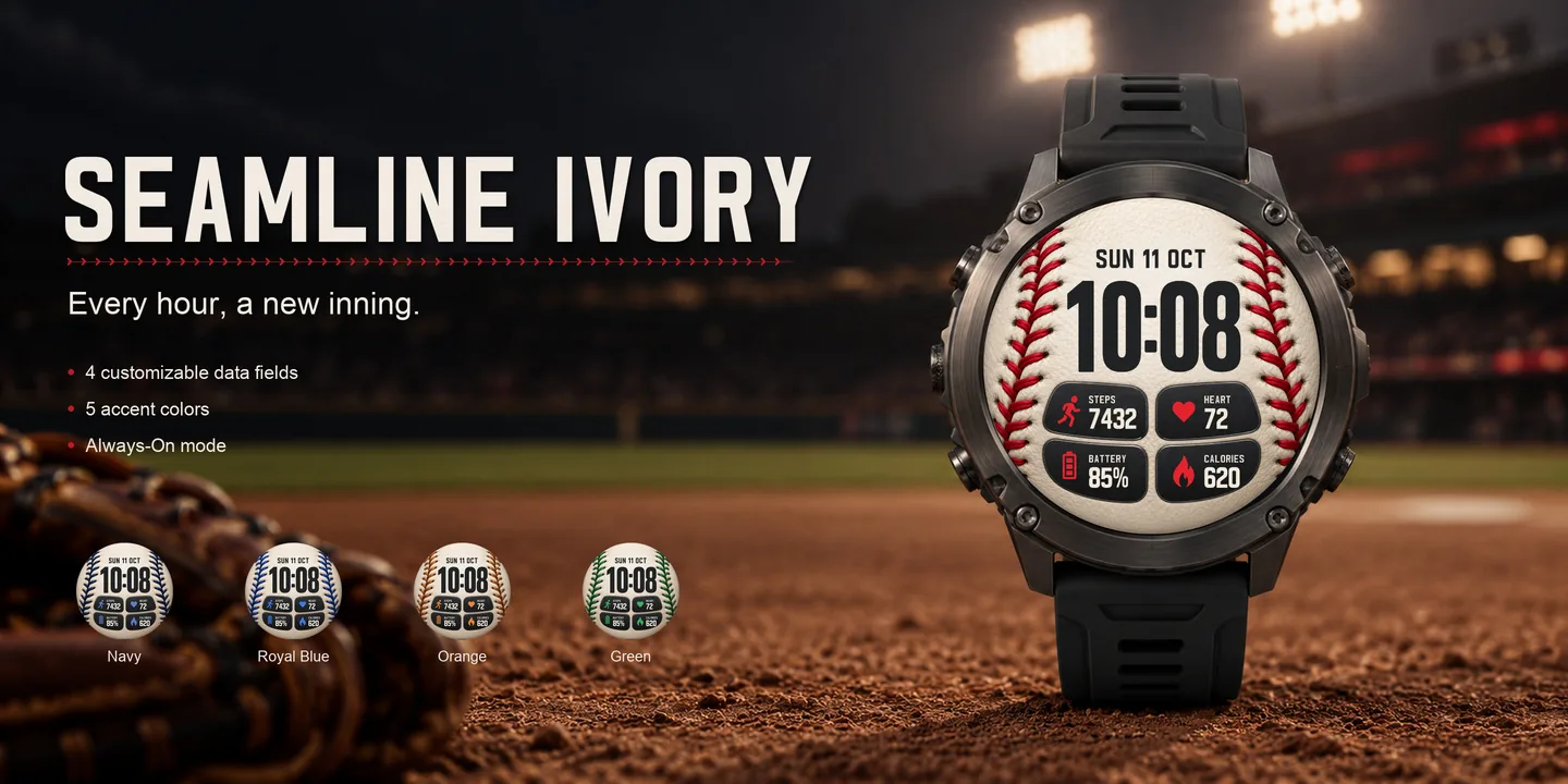 Seamline Ivory on a watch, baseball under stadium lights
