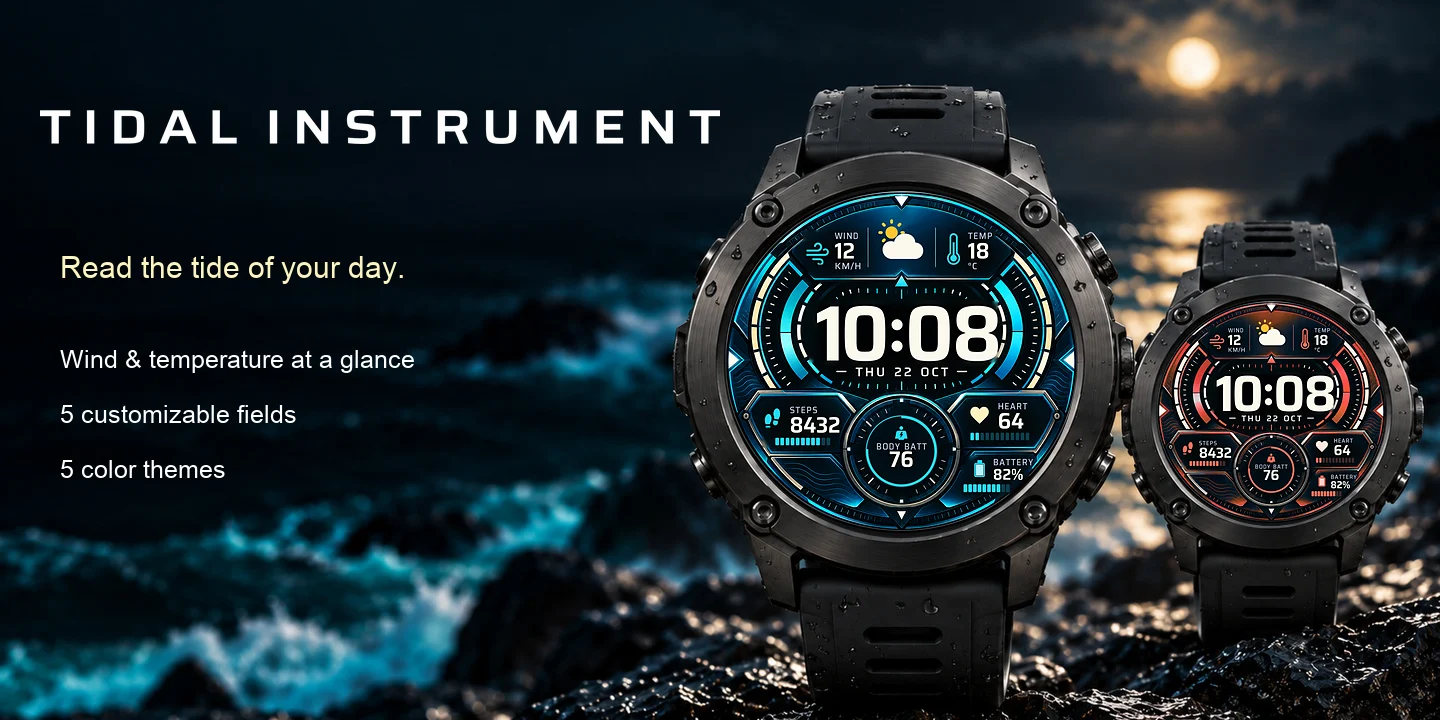 Tidal Instrument on watches in several color themes, with wind, temperature, steps, heart rate and Body Battery