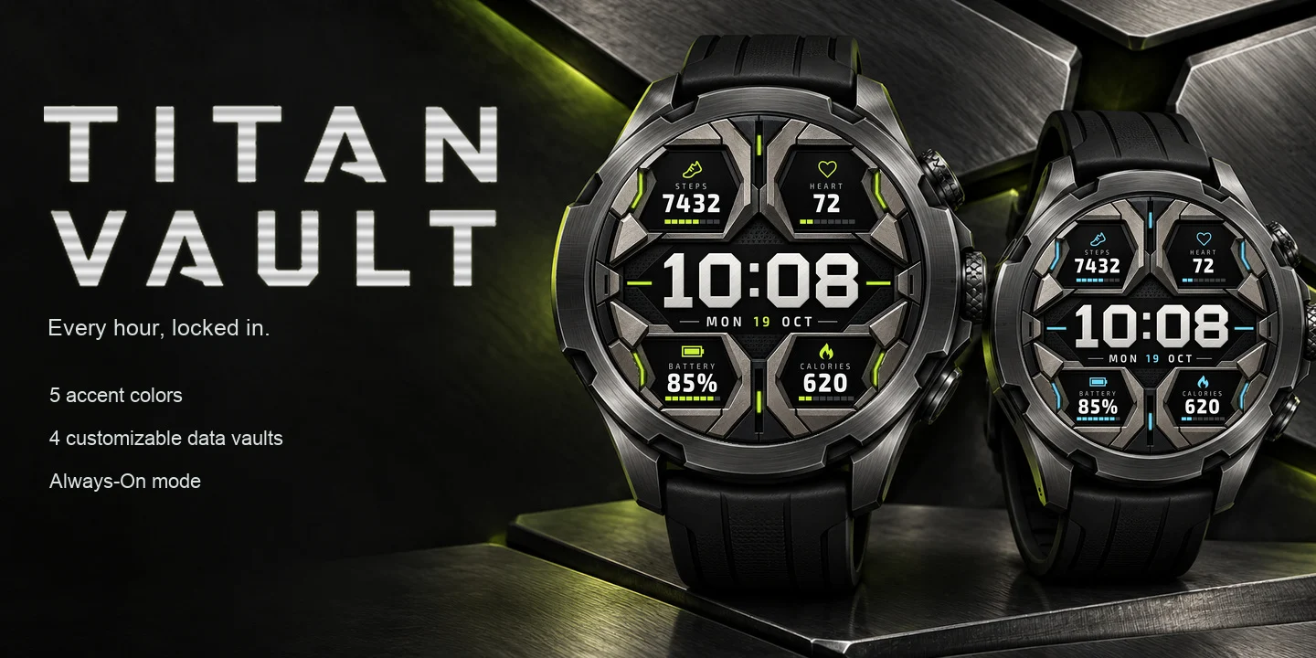 Titan Vault on two watches, brushed titanium plates with a lime and an ice blue accent and four data vaults