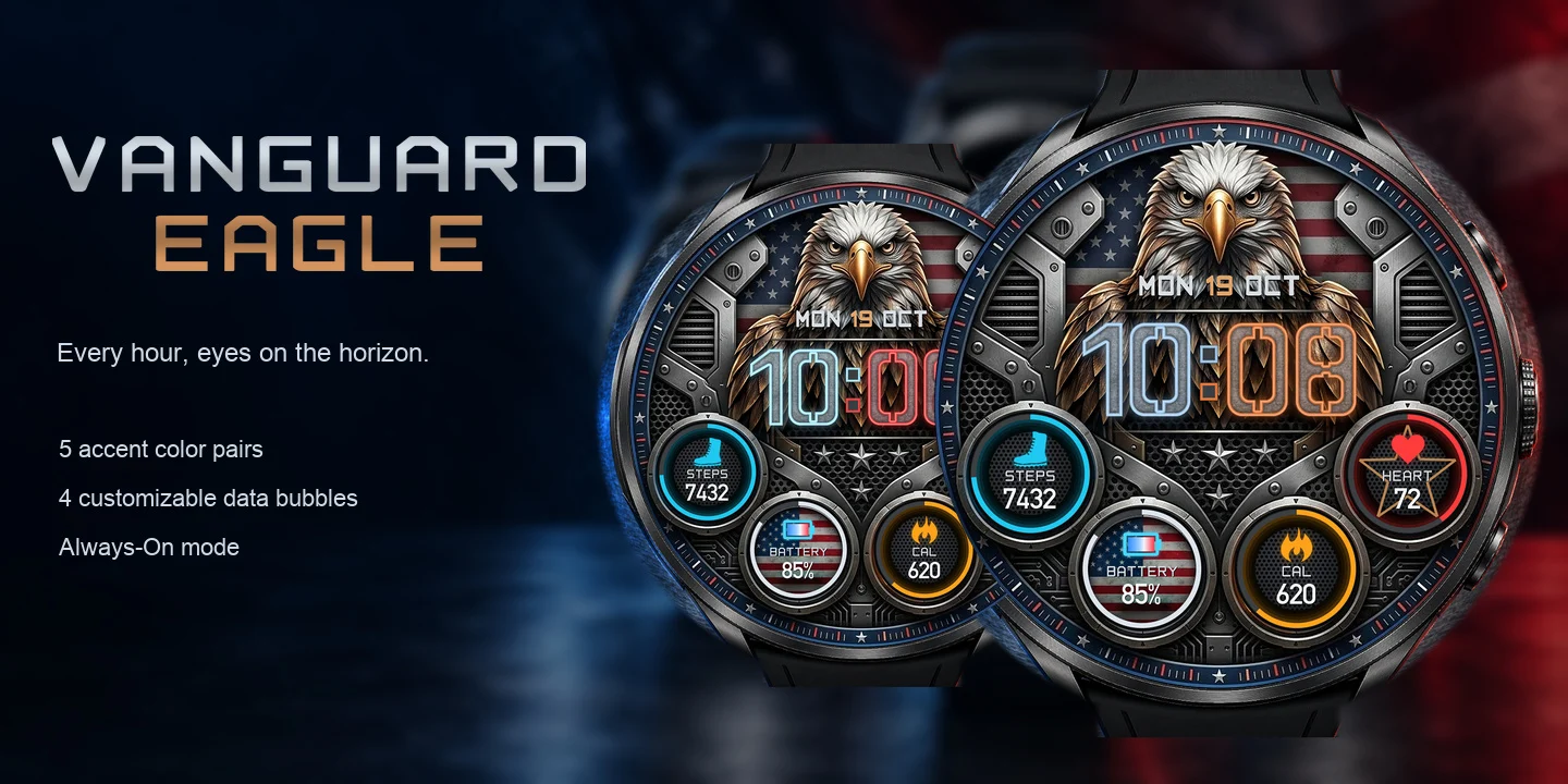 Vanguard Eagle on two watches, a bald eagle over a worn American flag above steel blue and copper time